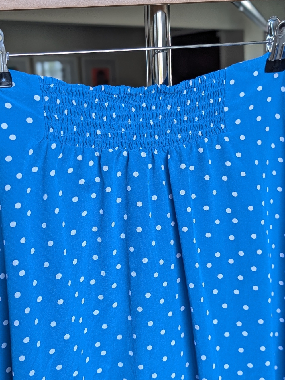 Amour Vert 100% Silk Capri Blue Polka Dot Button Front Midi Skirt Sz Medium - Picture 5 of 6